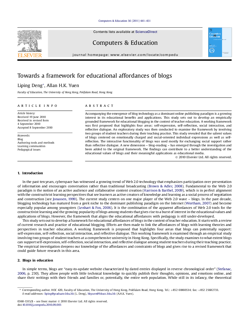 Towards a framework for educational affordances of blogs