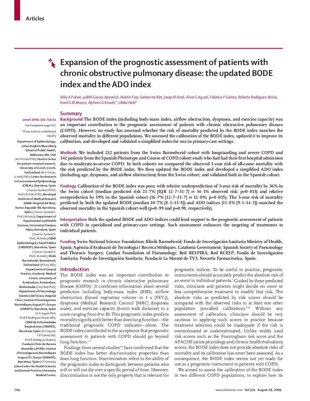 Expansion of the prognostic assessment of patients with chronic obstructive pulmonary disease: the updated BODE index and the ADO index