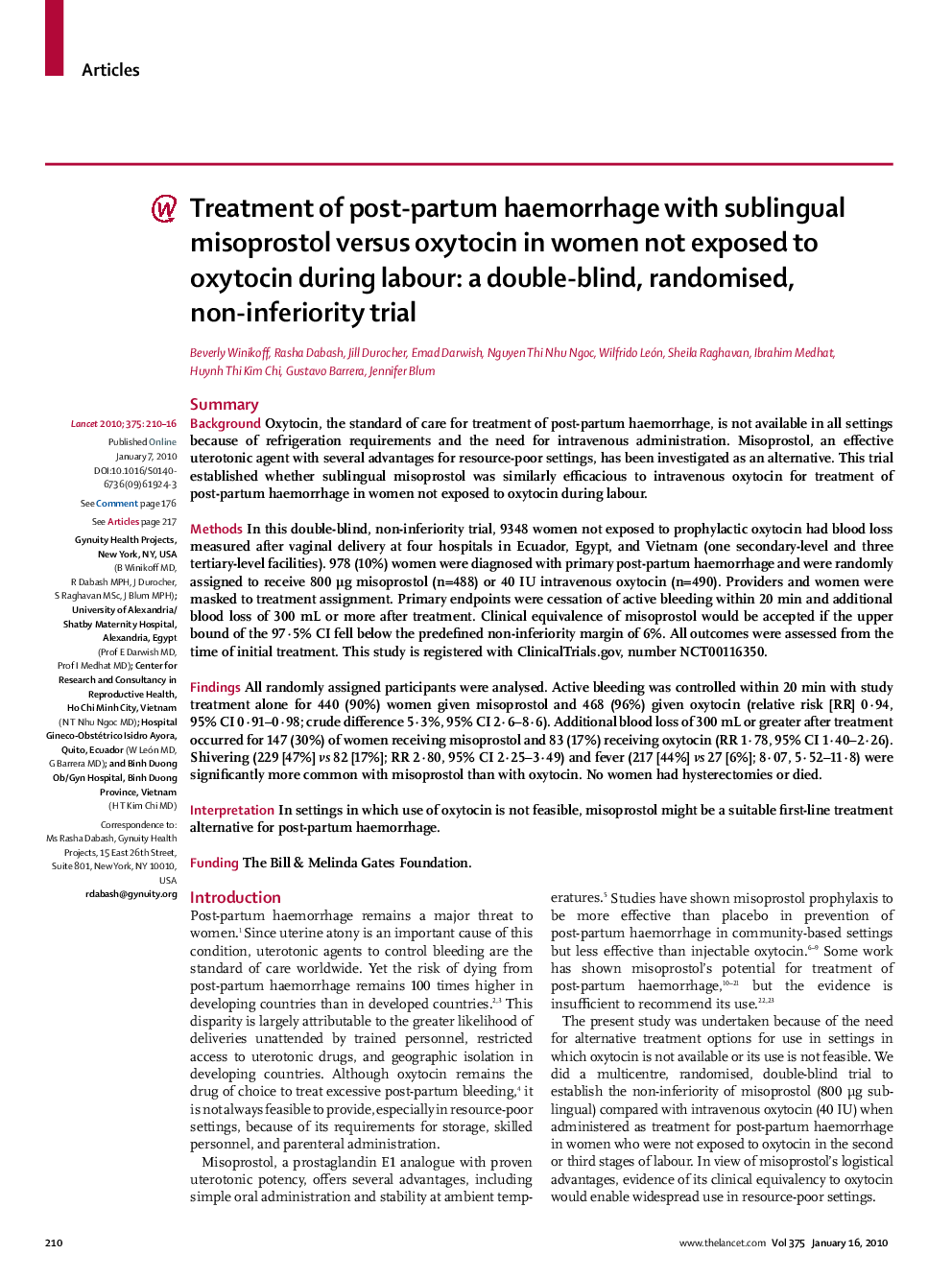 Treatment of post-partum haemorrhage with sublingual misoprostol versus oxytocin in women not exposed to oxytocin during labour: a double-blind, randomised, non-inferiority trial