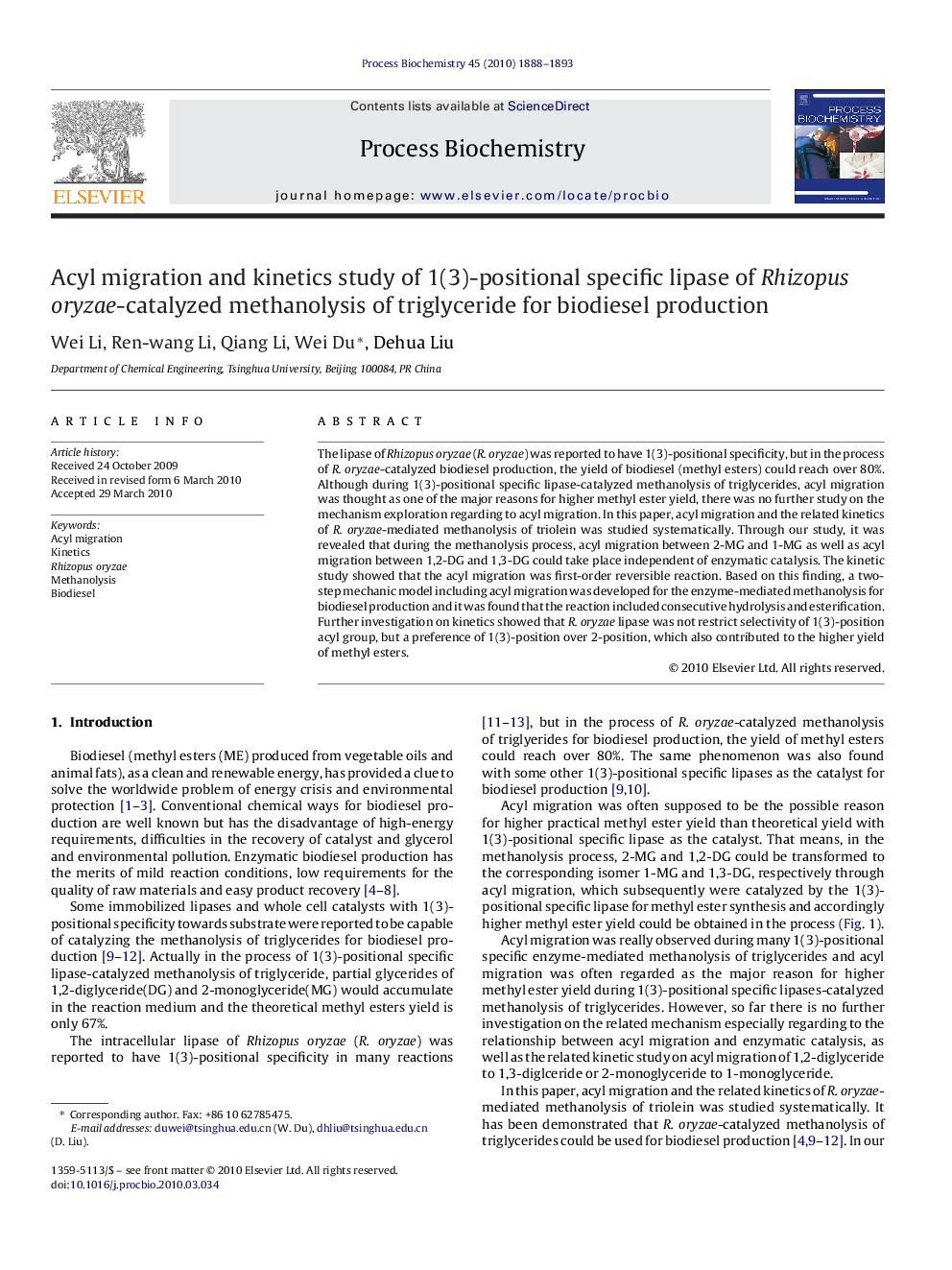 Acyl migration and kinetics study of 1(3)-positional specific lipase of Rhizopus oryzae-catalyzed methanolysis of triglyceride for biodiesel production