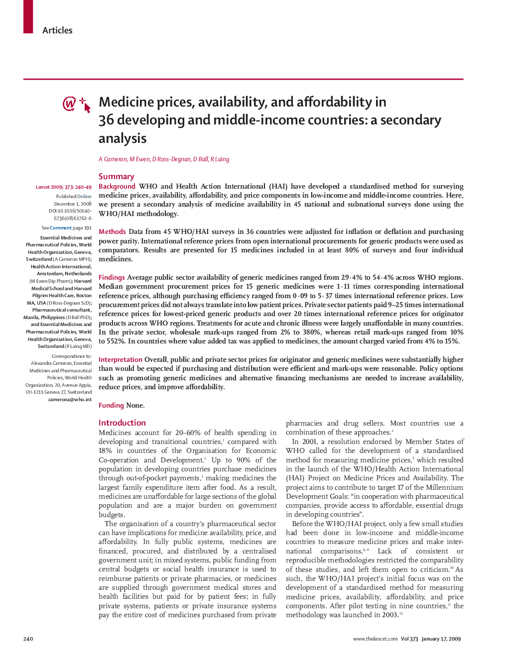 Medicine prices, availability, and affordability in 36 developing and middle-income countries: a secondary analysis