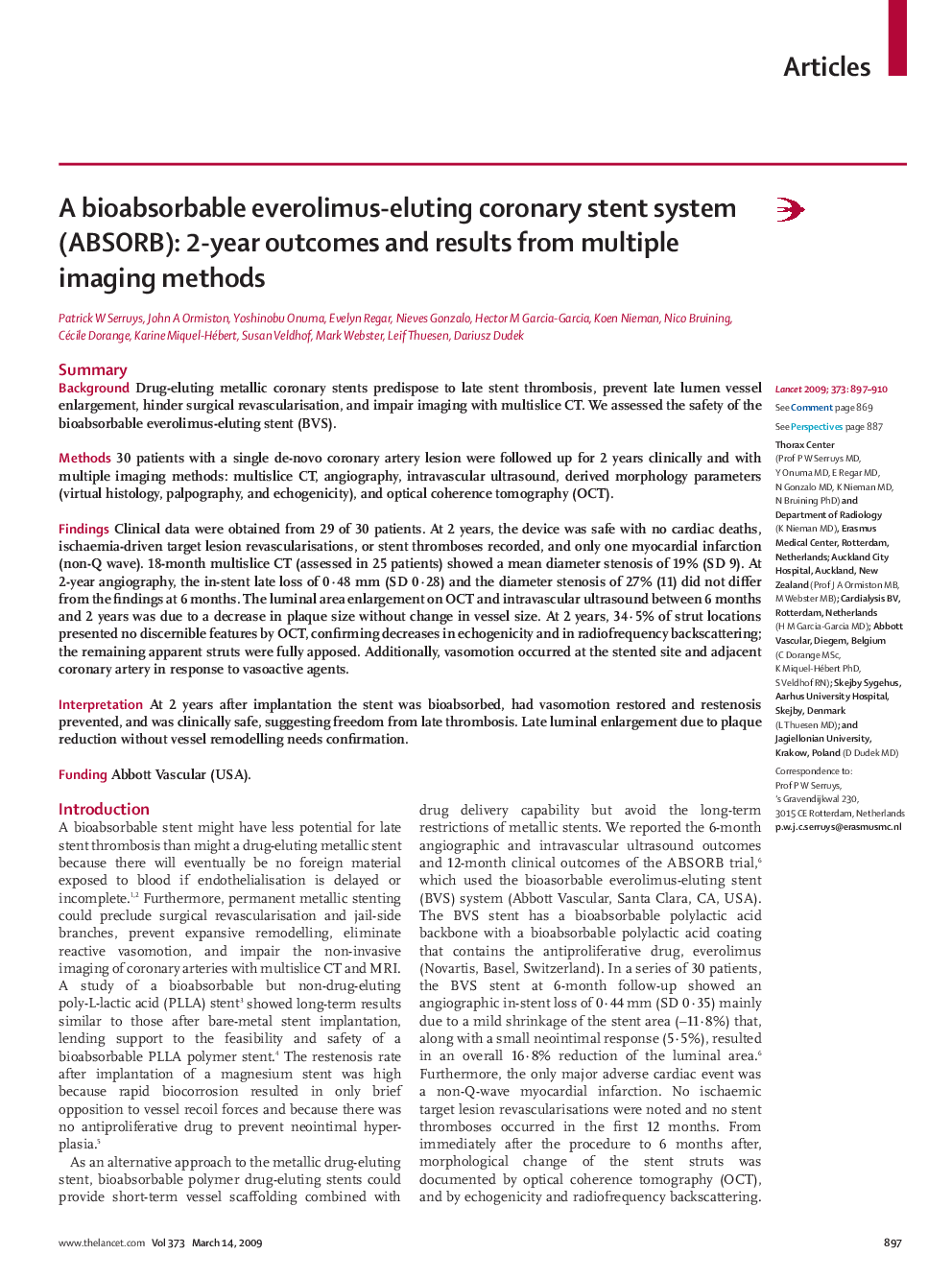 A bioabsorbable everolimus-eluting coronary stent system (ABSORB): 2-year outcomes and results from multiple imaging methods