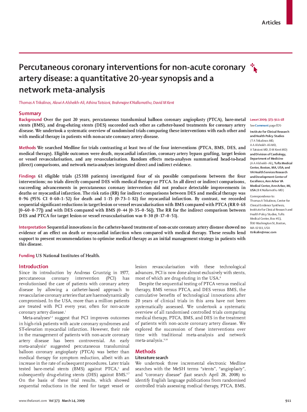 Percutaneous coronary interventions for non-acute coronary artery disease: a quantitative 20-year synopsis and a network meta-analysis