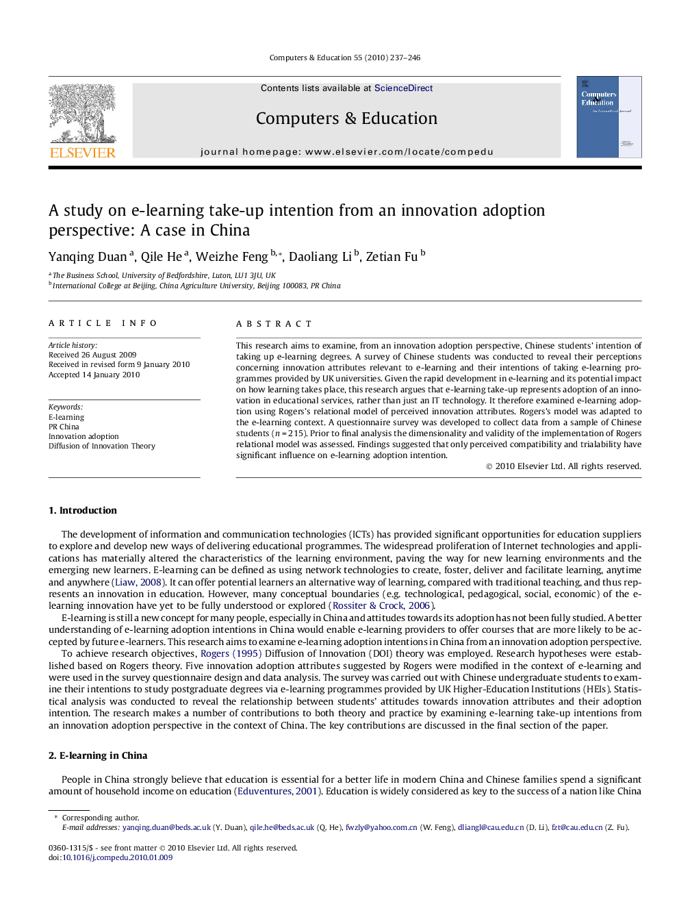 A study on e-learning take-up intention from an innovation adoption perspective: A case in China