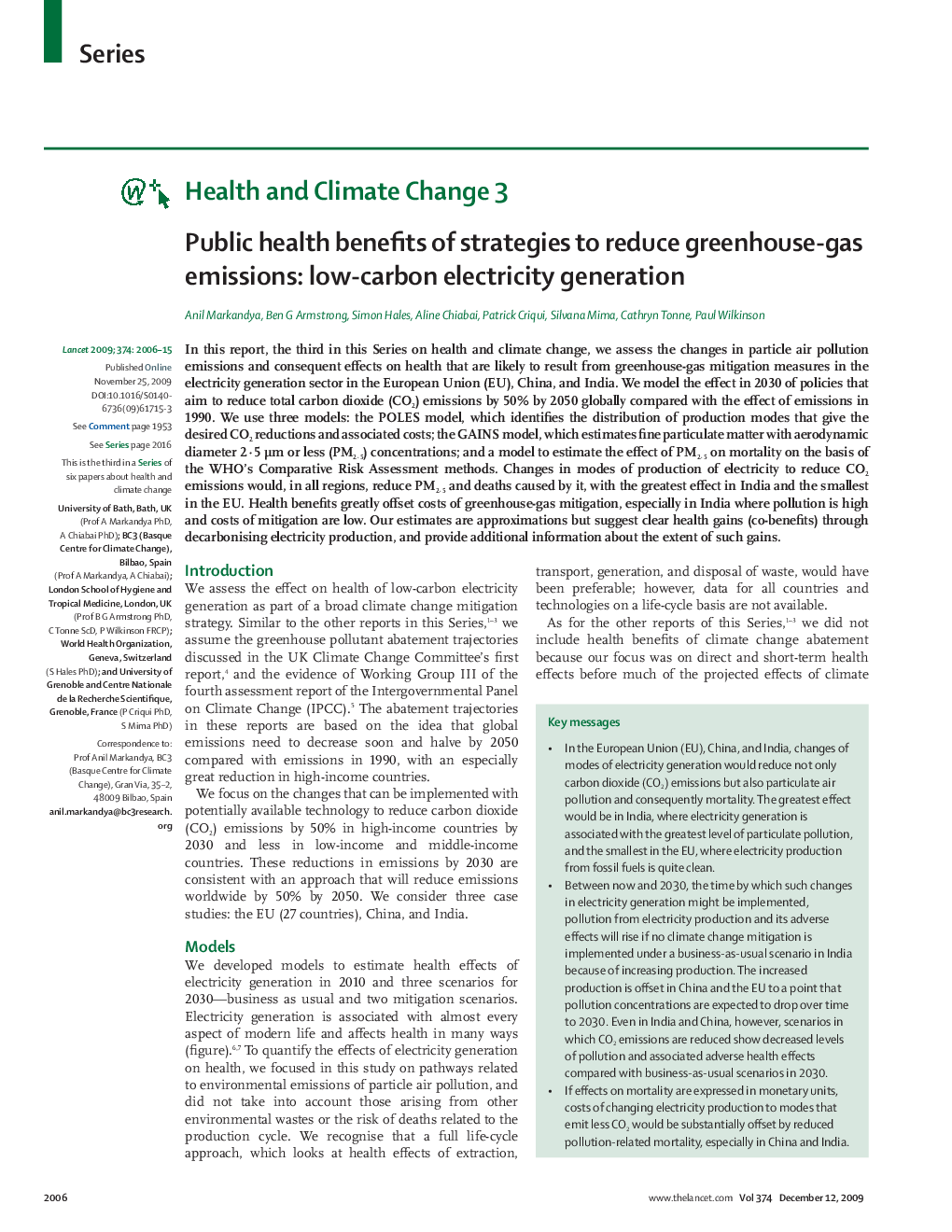 Public health benefits of strategies to reduce greenhouse-gas emissions: low-carbon electricity generation