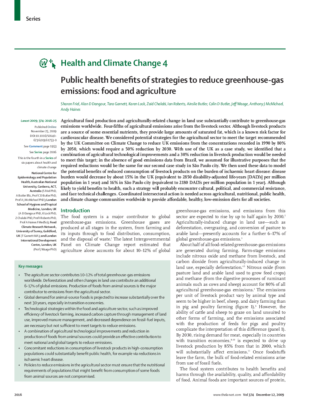 Public health benefits of strategies to reduce greenhouse-gas emissions: food and agriculture