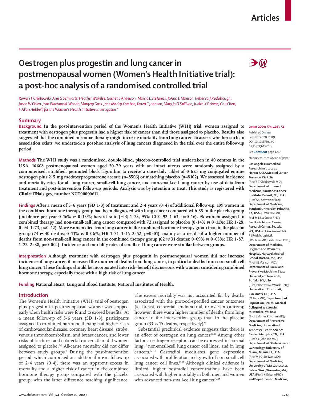 Oestrogen plus progestin and lung cancer in postmenopausal women (Women's Health Initiative trial): a post-hoc analysis of a randomised controlled trial