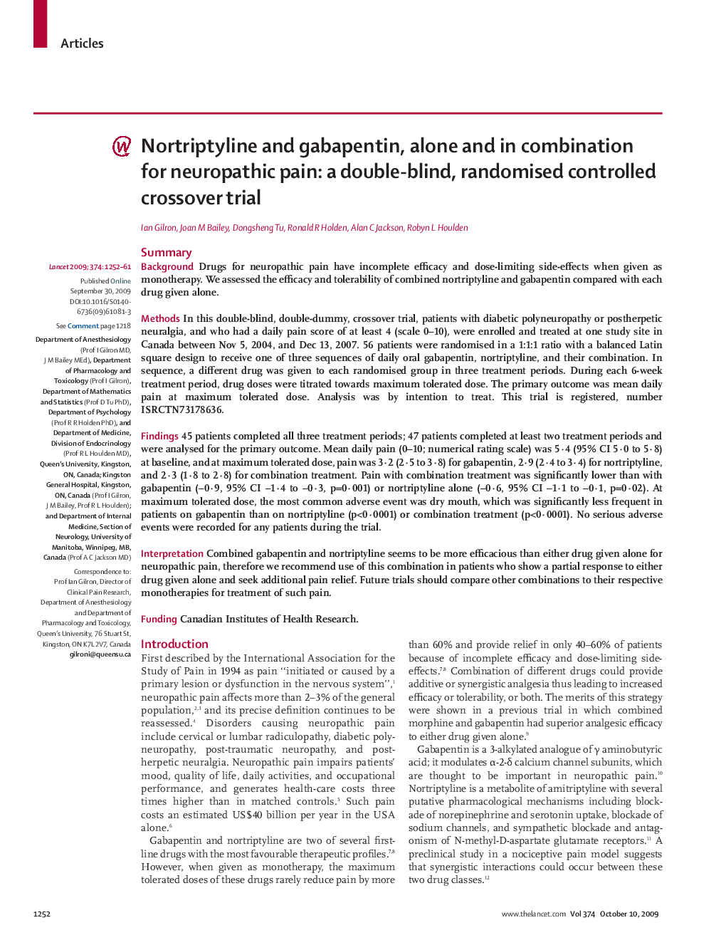 Nortriptyline and gabapentin, alone and in combination for neuropathic pain: a double-blind, randomised controlled crossover trial