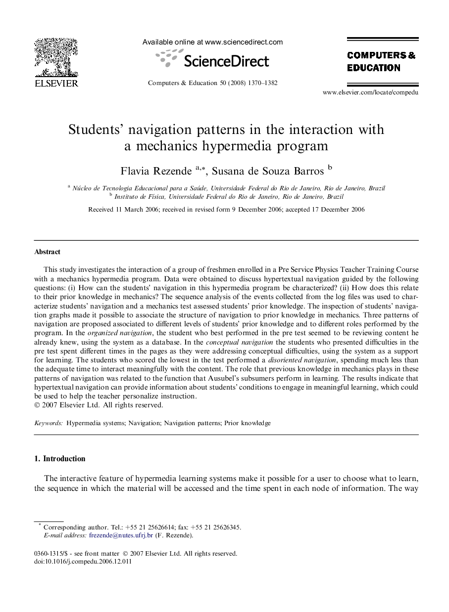 Students’ navigation patterns in the interaction with a mechanics hypermedia program