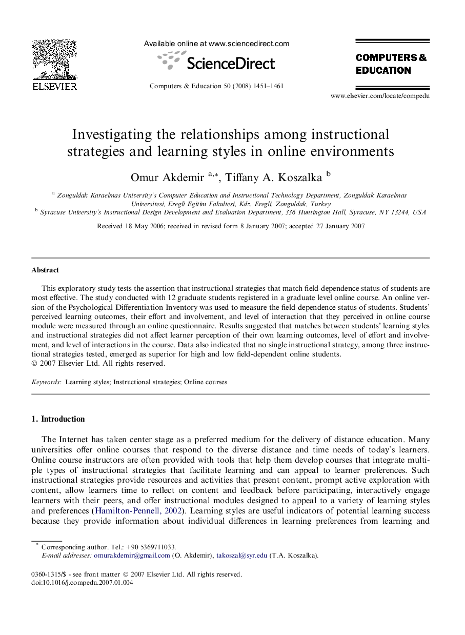 Investigating the relationships among instructional strategies and learning styles in online environments