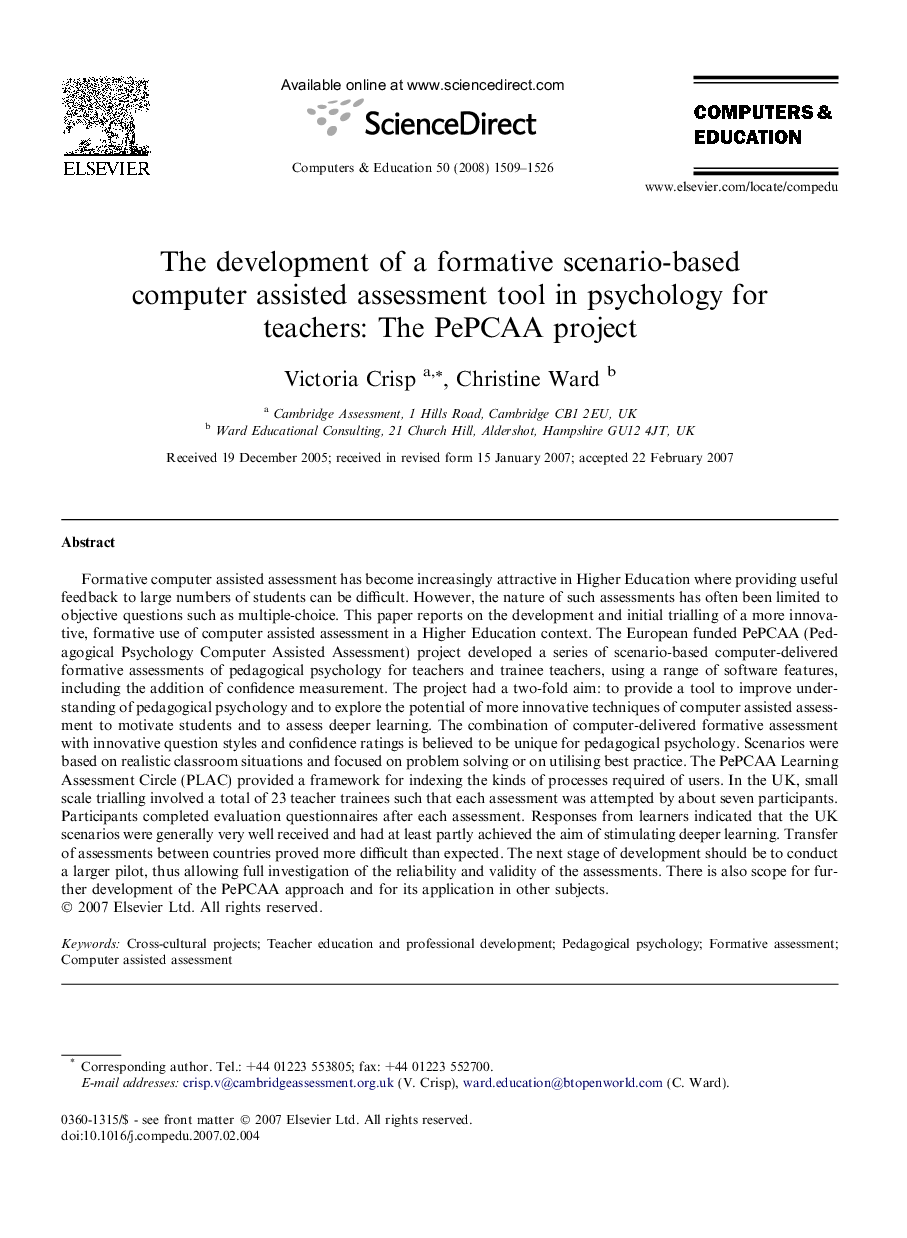 The development of a formative scenario-based computer assisted assessment tool in psychology for teachers: The PePCAA project