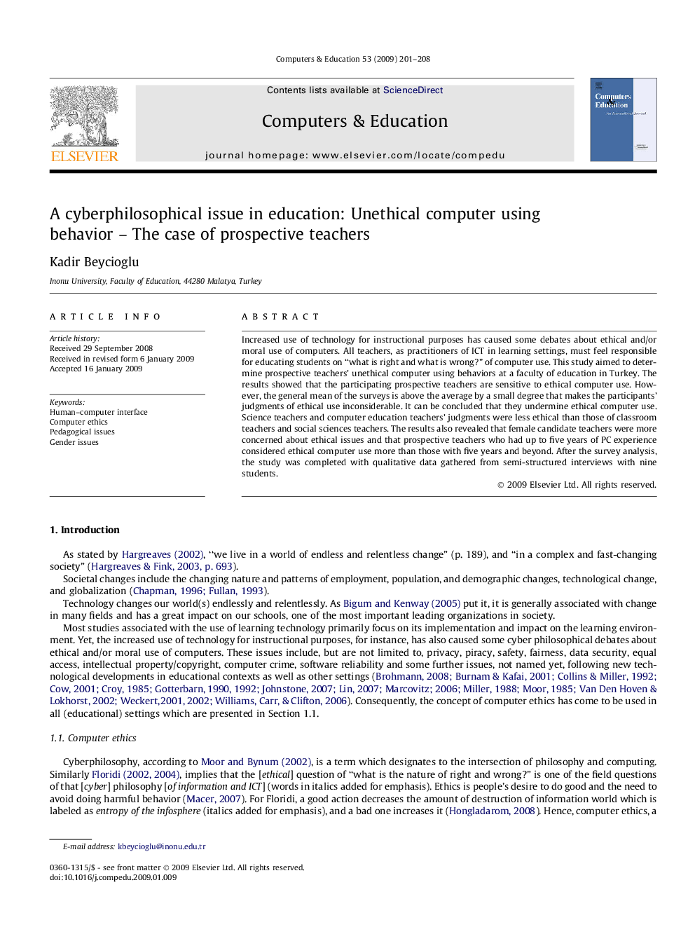 A cyberphilosophical issue in education: Unethical computer using behavior – The case of prospective teachers