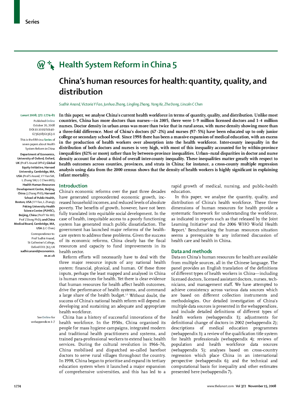 China's human resources for health: quantity, quality, and distribution