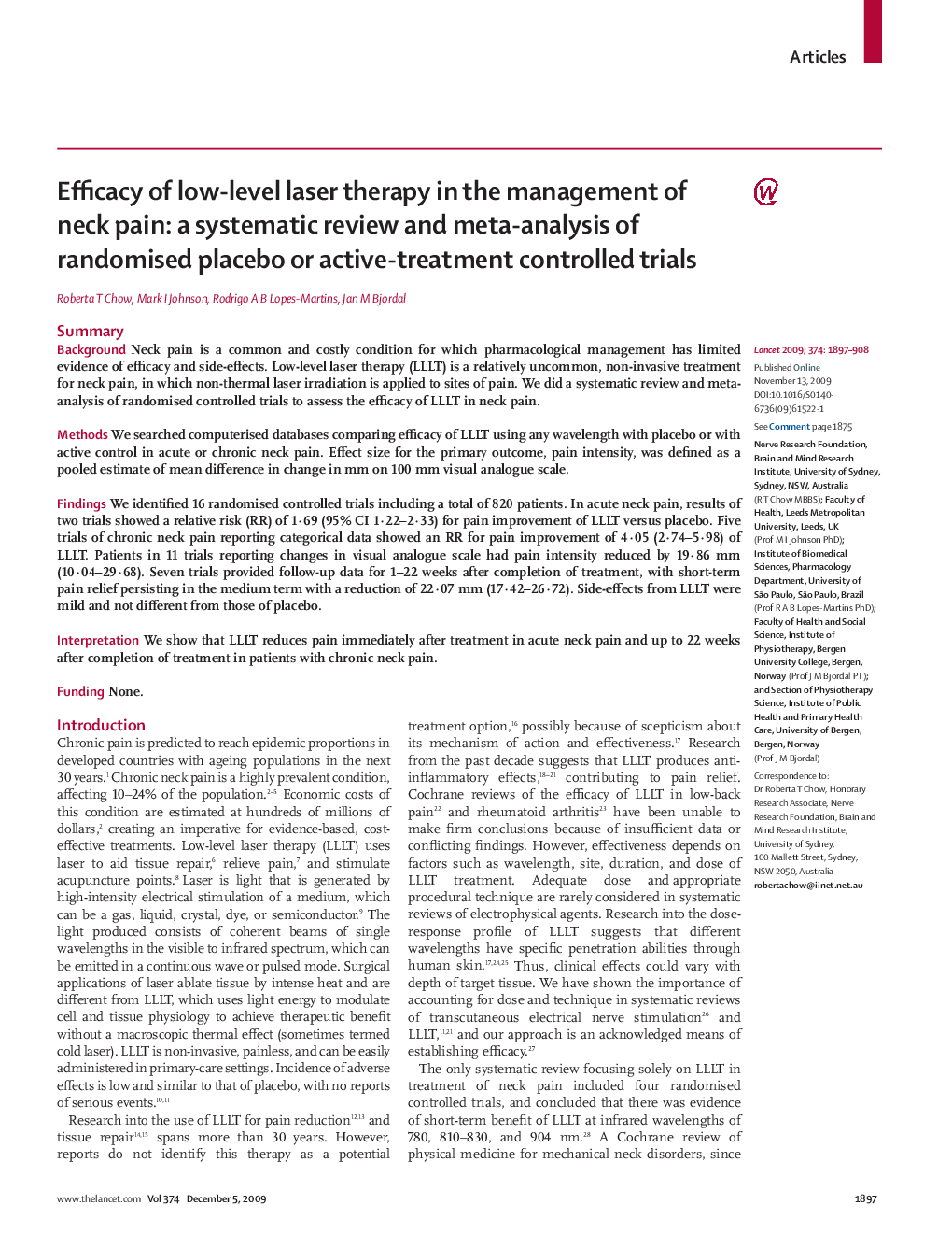 Efficacy of low-level laser therapy in the management of neck pain: a systematic review and meta-analysis of randomised placebo or active-treatment controlled trials