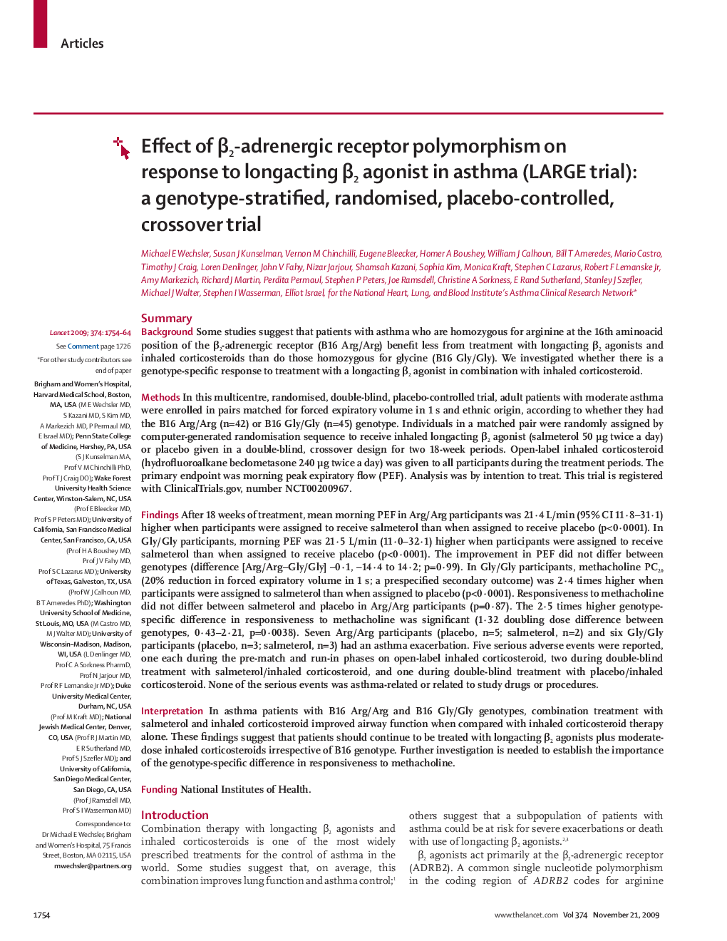 Effect of β2-adrenergic receptor polymorphism on response to longacting β2 agonist in asthma (LARGE trial): a genotype-stratified, randomised, placebo-controlled, crossover trial