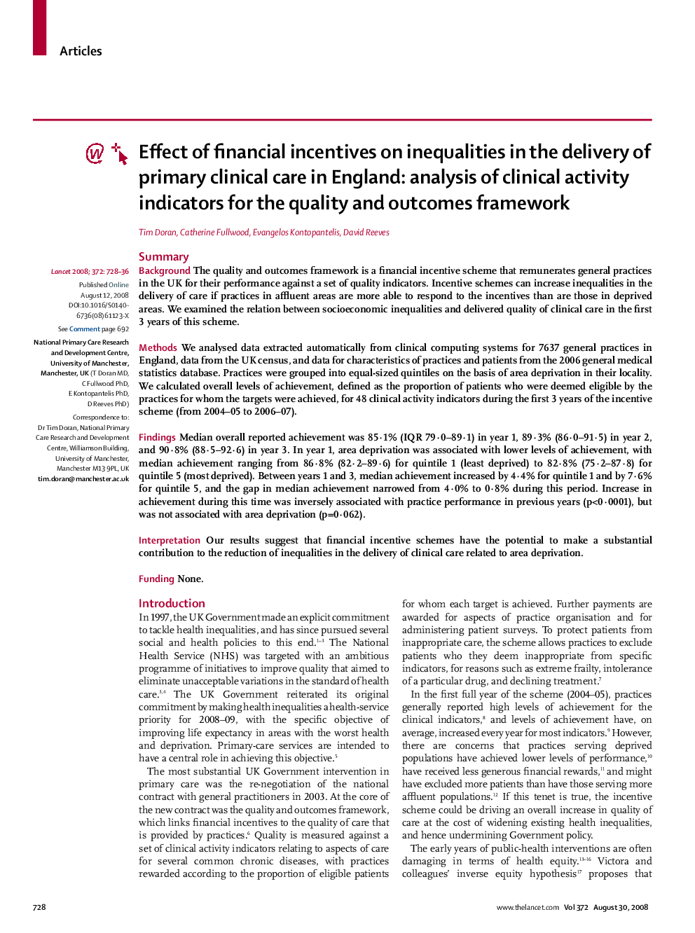 Effect of financial incentives on inequalities in the delivery of primary clinical care in England: analysis of clinical activity indicators for the quality and outcomes framework