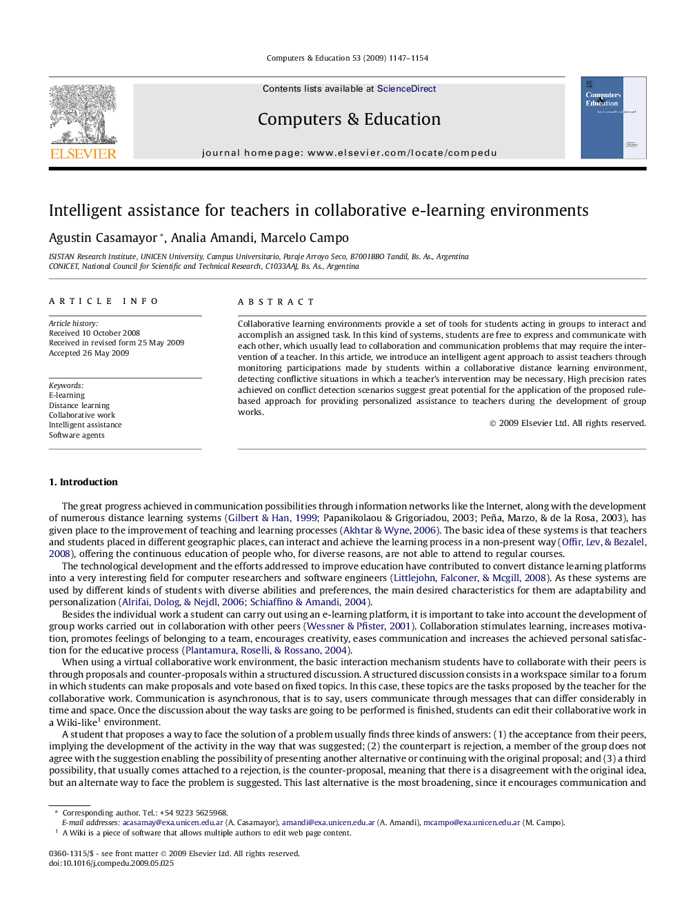 Intelligent assistance for teachers in collaborative e-learning environments