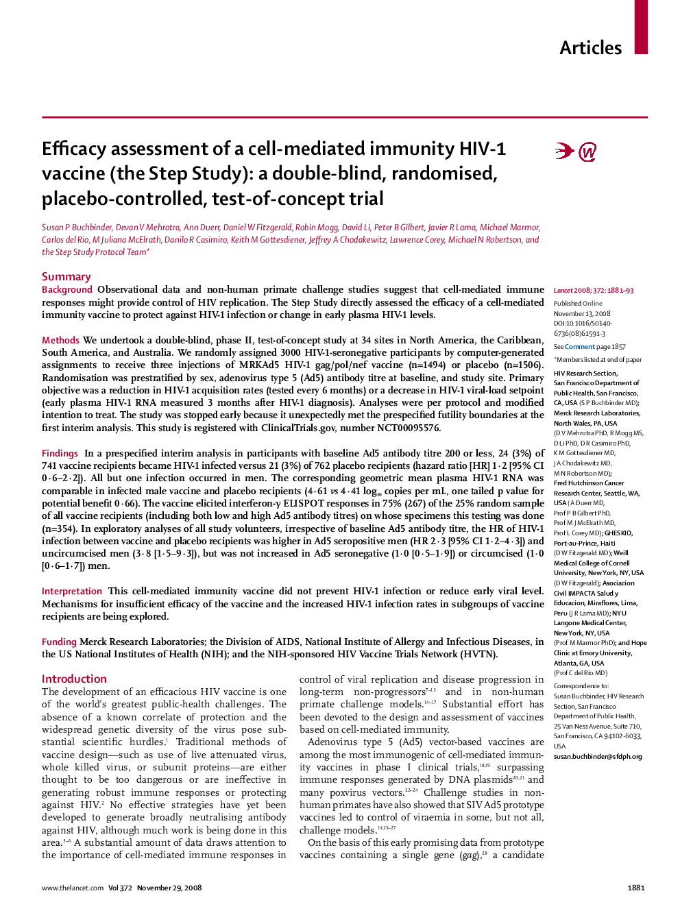 Efficacy assessment of a cell-mediated immunity HIV-1 vaccine (the Step Study): a double-blind, randomised, placebo-controlled, test-of-concept trial