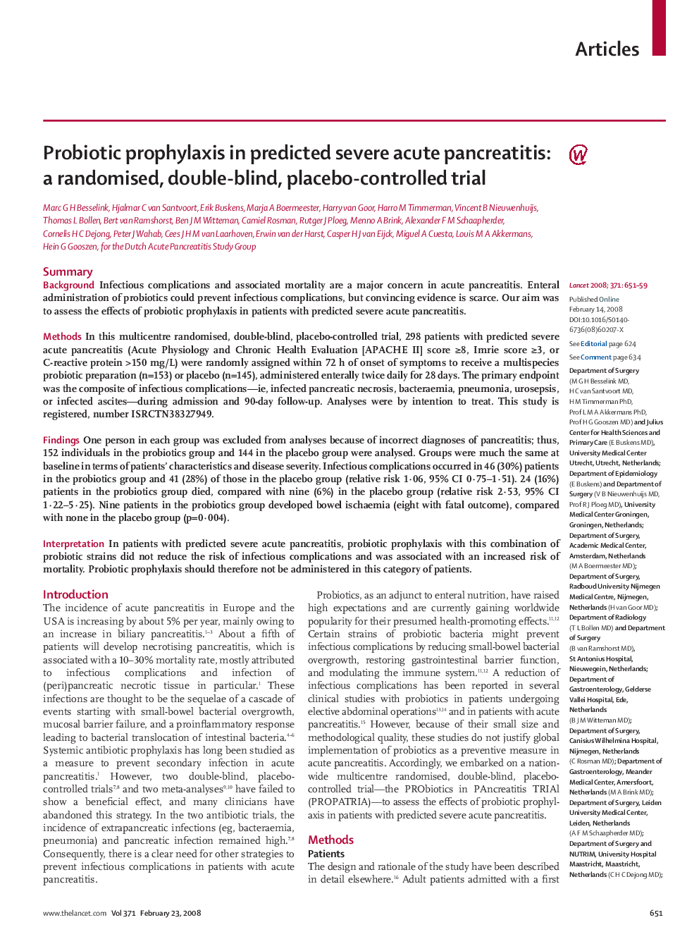 Probiotic prophylaxis in predicted severe acute pancreatitis: a randomised, double-blind, placebo-controlled trial