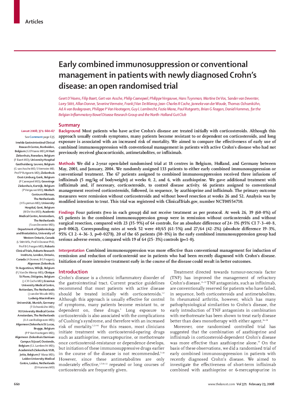 Early combined immunosuppression or conventional management in patients with newly diagnosed Crohn's disease: an open randomised trial