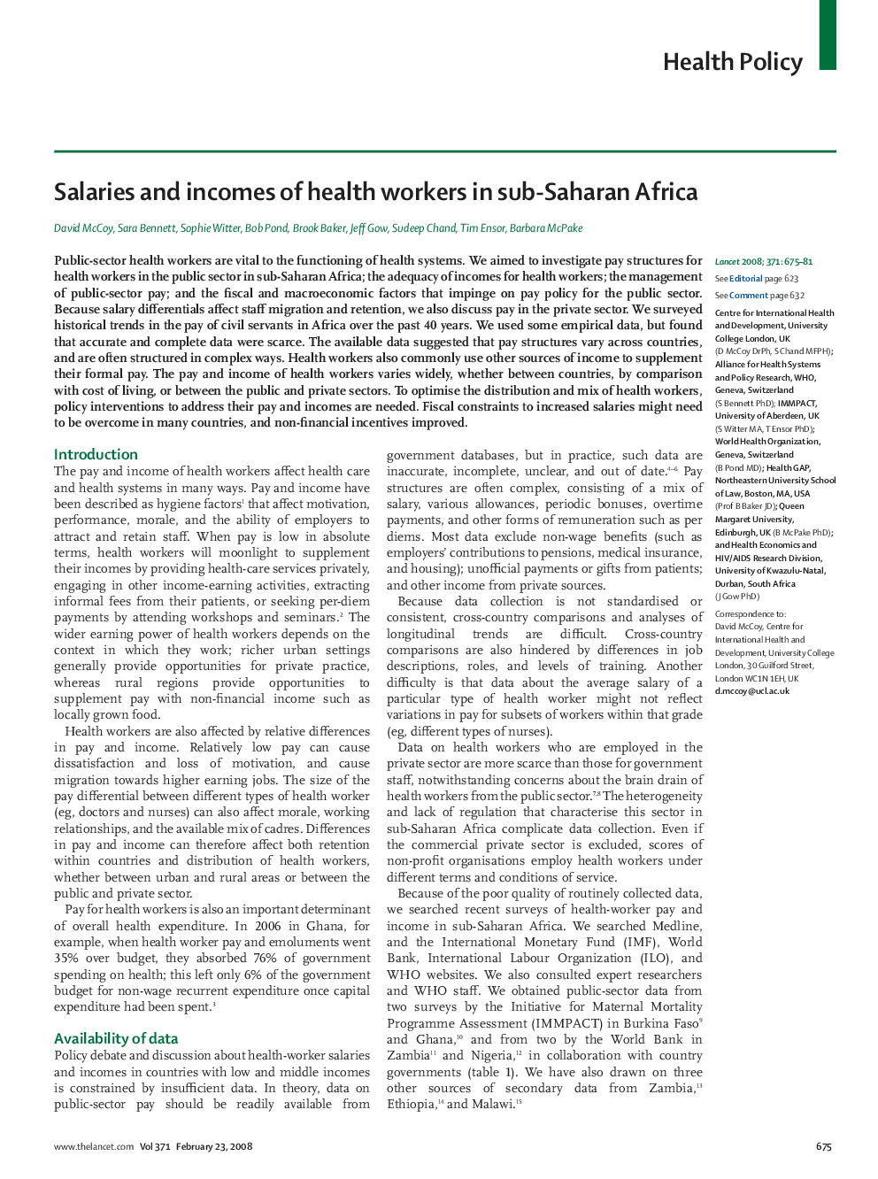 Salaries and incomes of health workers in sub-Saharan Africa