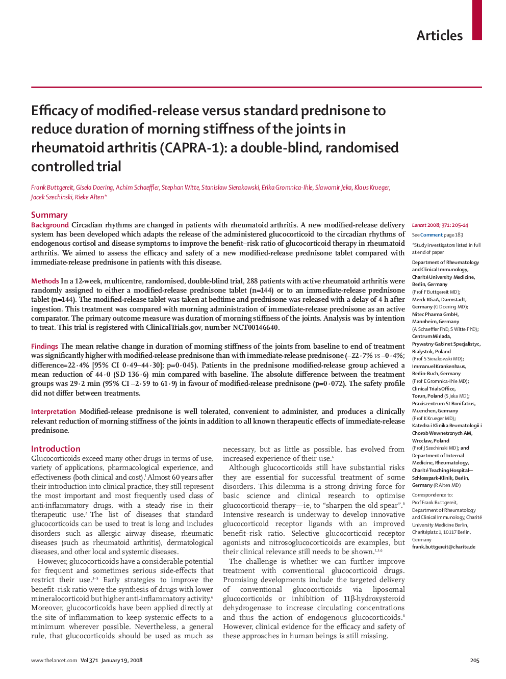 Efficacy of modified-release versus standard prednisone to reduce duration of morning stiffness of the joints in rheumatoid arthritis (CAPRA-1): a double-blind, randomised controlled trial
