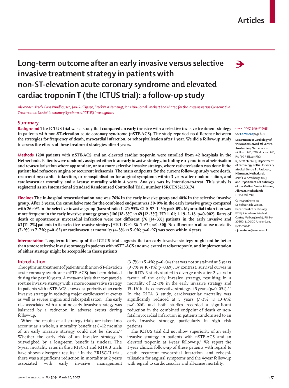 Long-term outcome after an early invasive versus selective invasive treatment strategy in patients with non-ST-elevation acute coronary syndrome and elevated cardiac troponin T (the ICTUS trial): a follow-up study