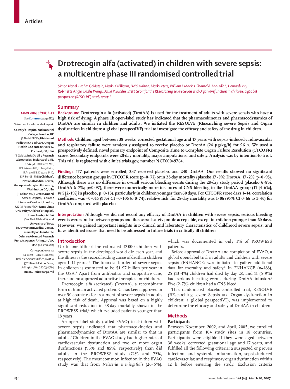 Drotrecogin alfa (activated) in children with severe sepsis: a multicentre phase III randomised controlled trial