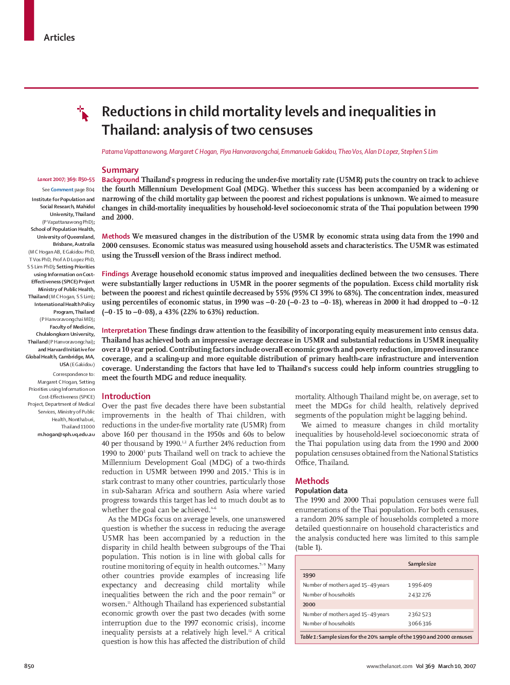 Reductions in child mortality levels and inequalities in Thailand: analysis of two censuses