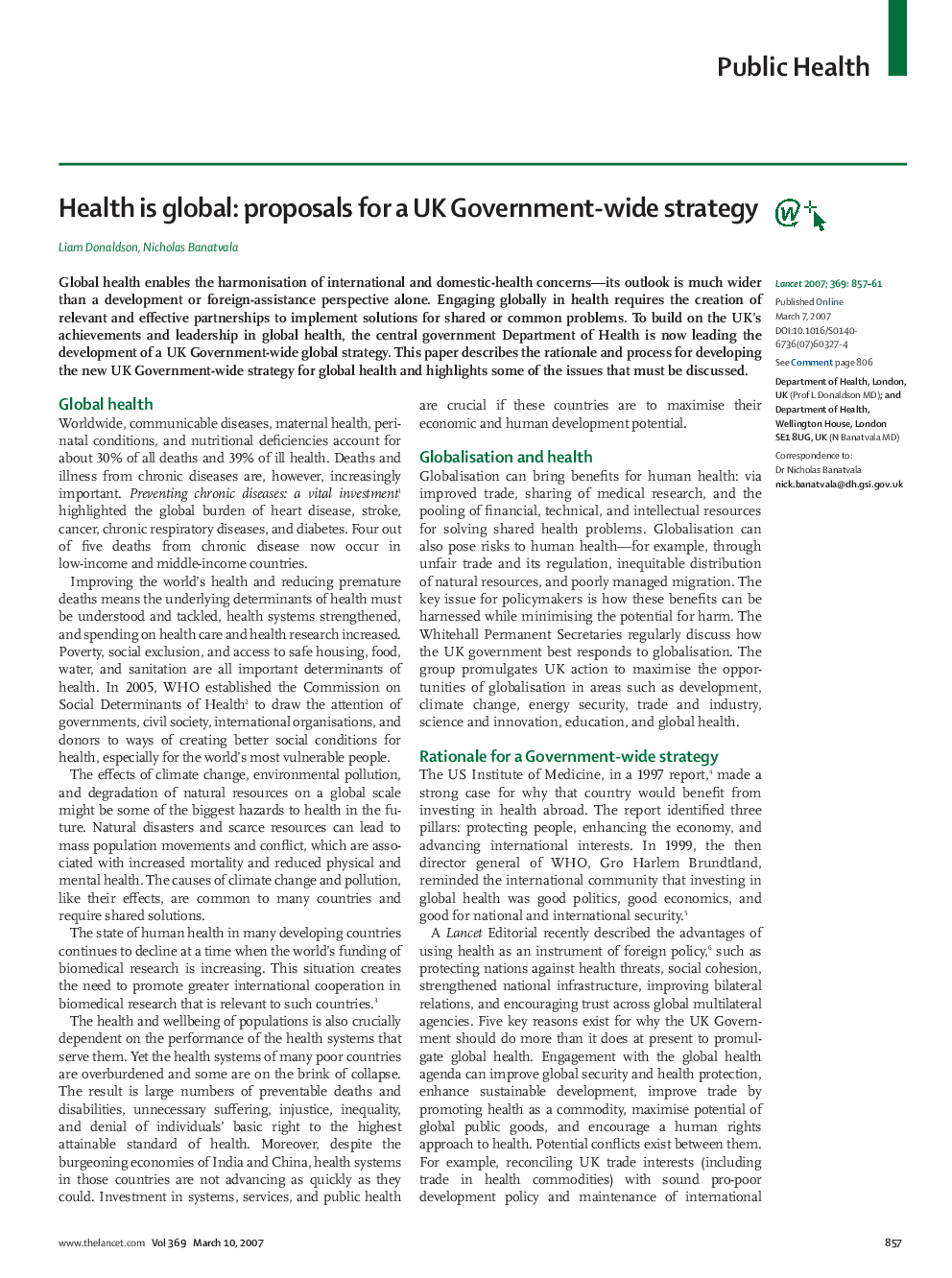 Health is global: proposals for a UK Government-wide strategy