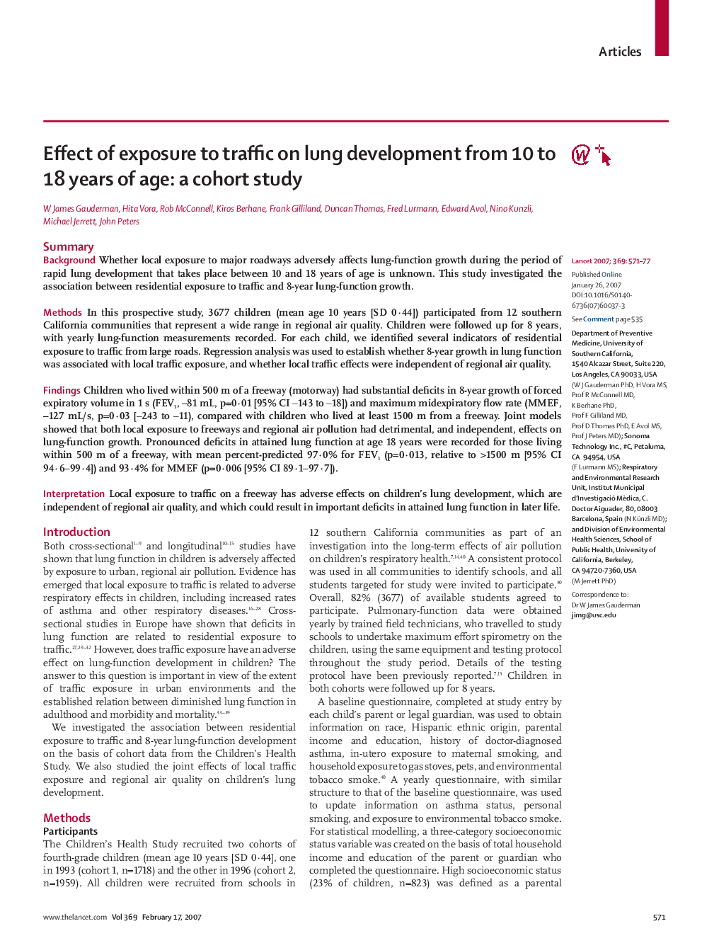 Effect of exposure to traffic on lung development from 10 to 18 years of age: a cohort study