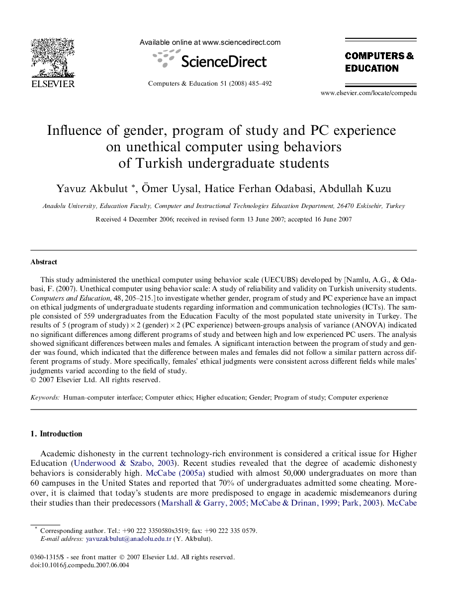 Influence of gender, program of study and PC experience on unethical computer using behaviors of Turkish undergraduate students