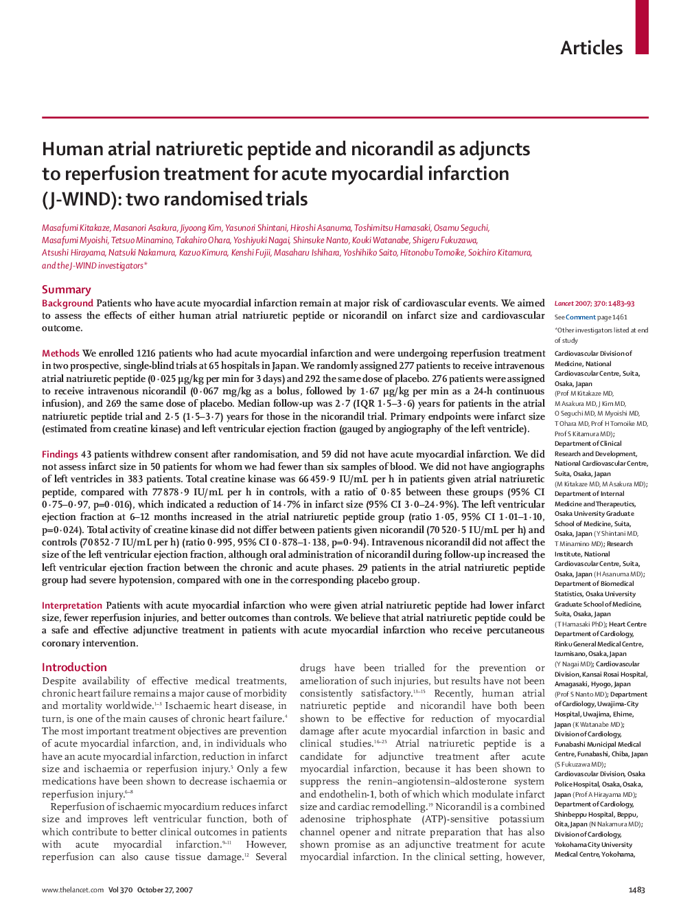 Human atrial natriuretic peptide and nicorandil as adjuncts to reperfusion treatment for acute myocardial infarction (J-WIND): two randomised trials