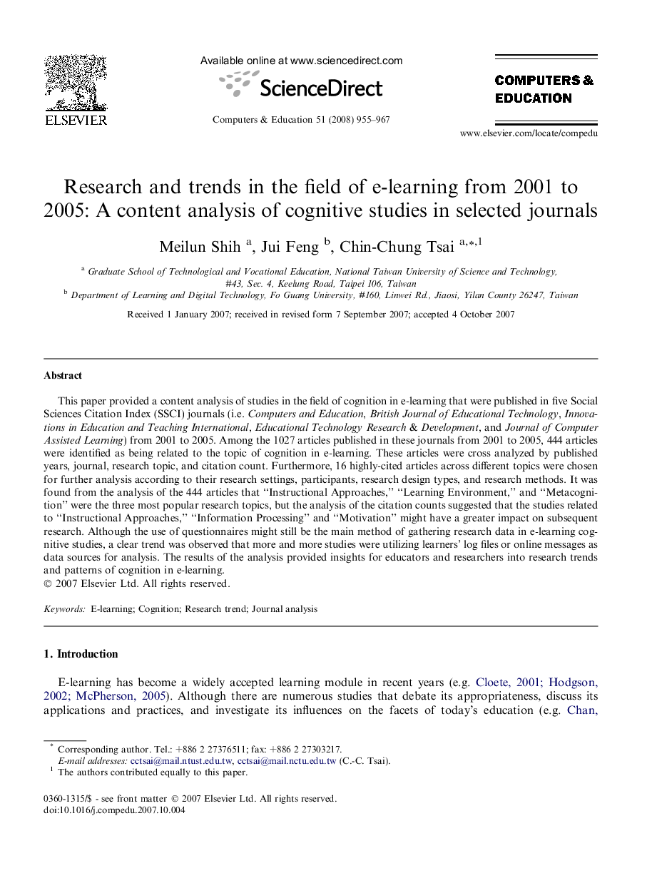 Research and trends in the field of e-learning from 2001 to 2005: A content analysis of cognitive studies in selected journals