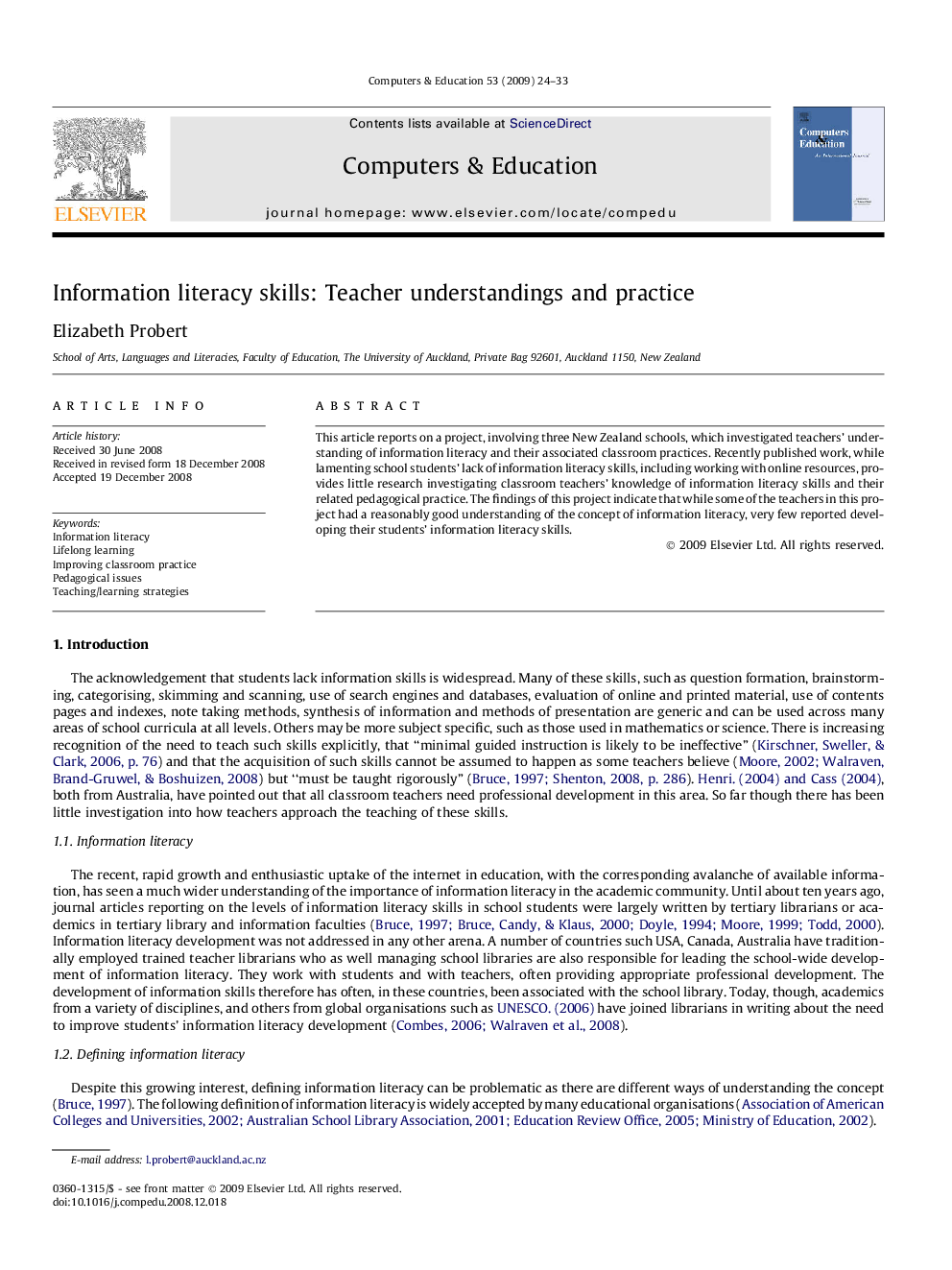 Information literacy skills: Teacher understandings and practice