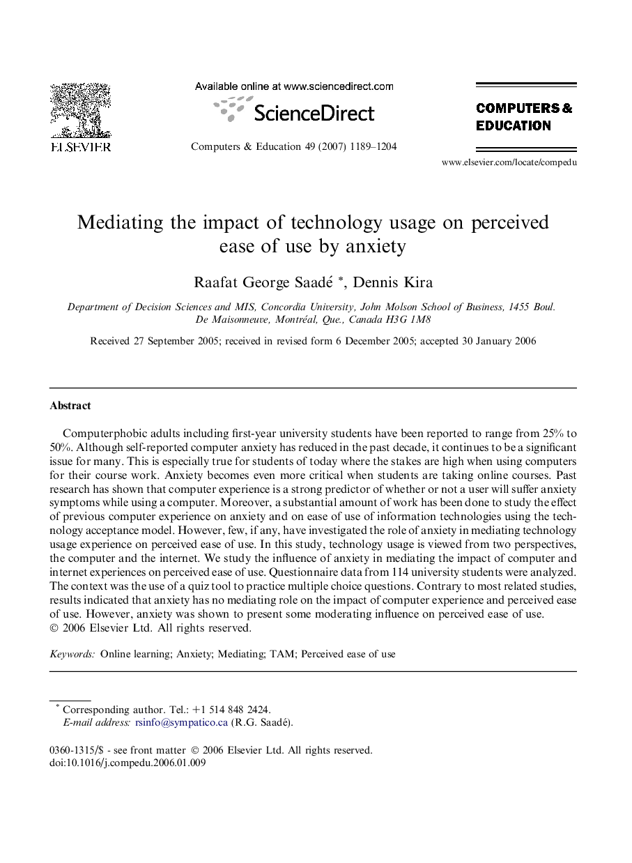 Mediating the impact of technology usage on perceived ease of use by anxiety