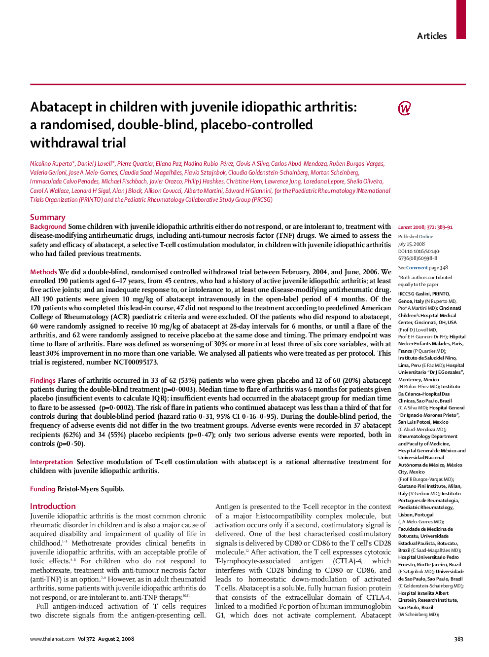 Abatacept in children with juvenile idiopathic arthritis: a randomised, double-blind, placebo-controlled withdrawal trial