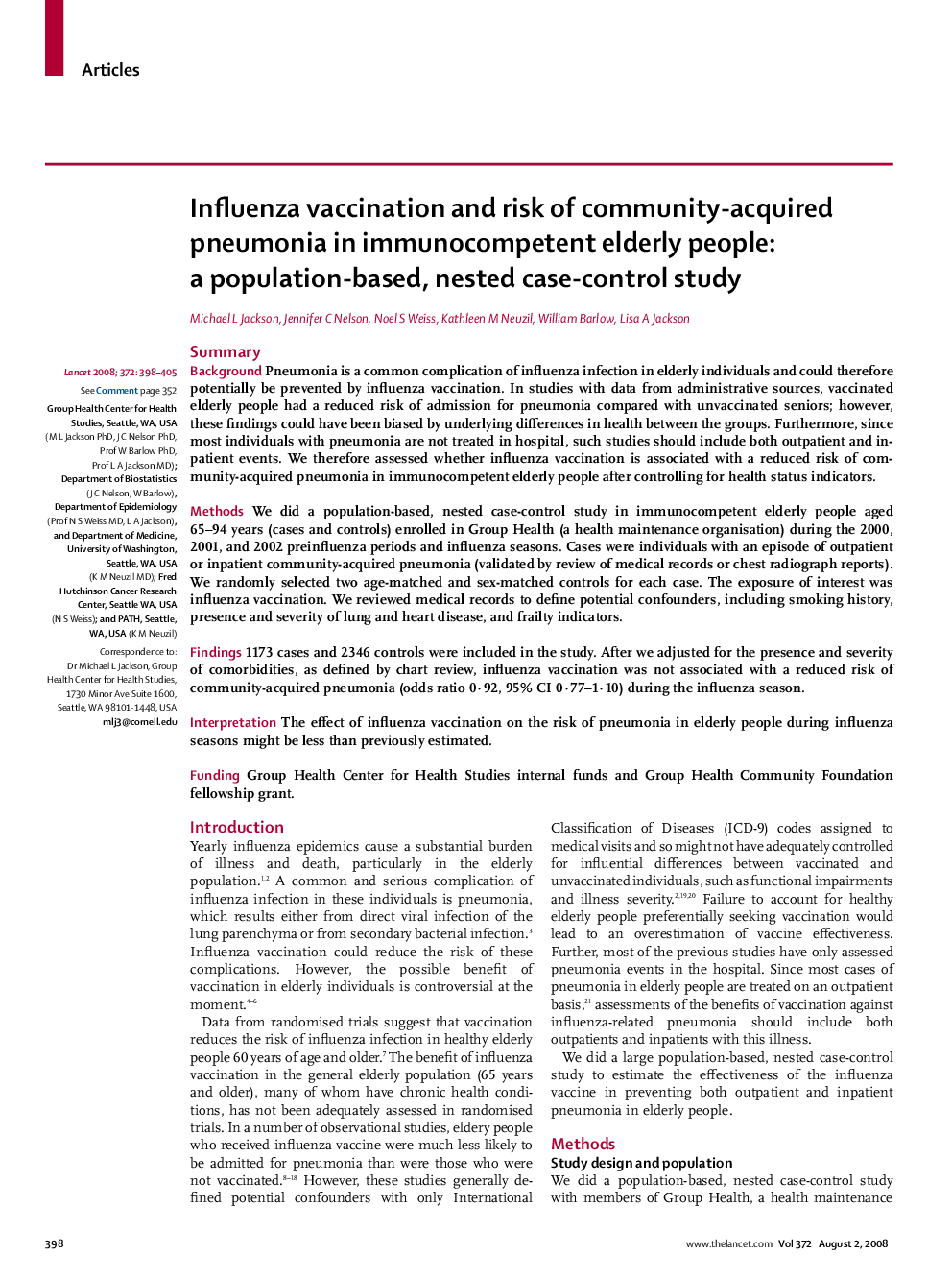 Influenza vaccination and risk of community-acquired pneumonia in immunocompetent elderly people: a population-based, nested case-control study