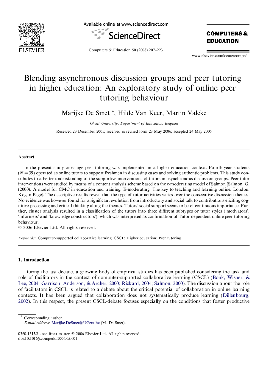 Blending asynchronous discussion groups and peer tutoring in higher education: An exploratory study of online peer tutoring behaviour