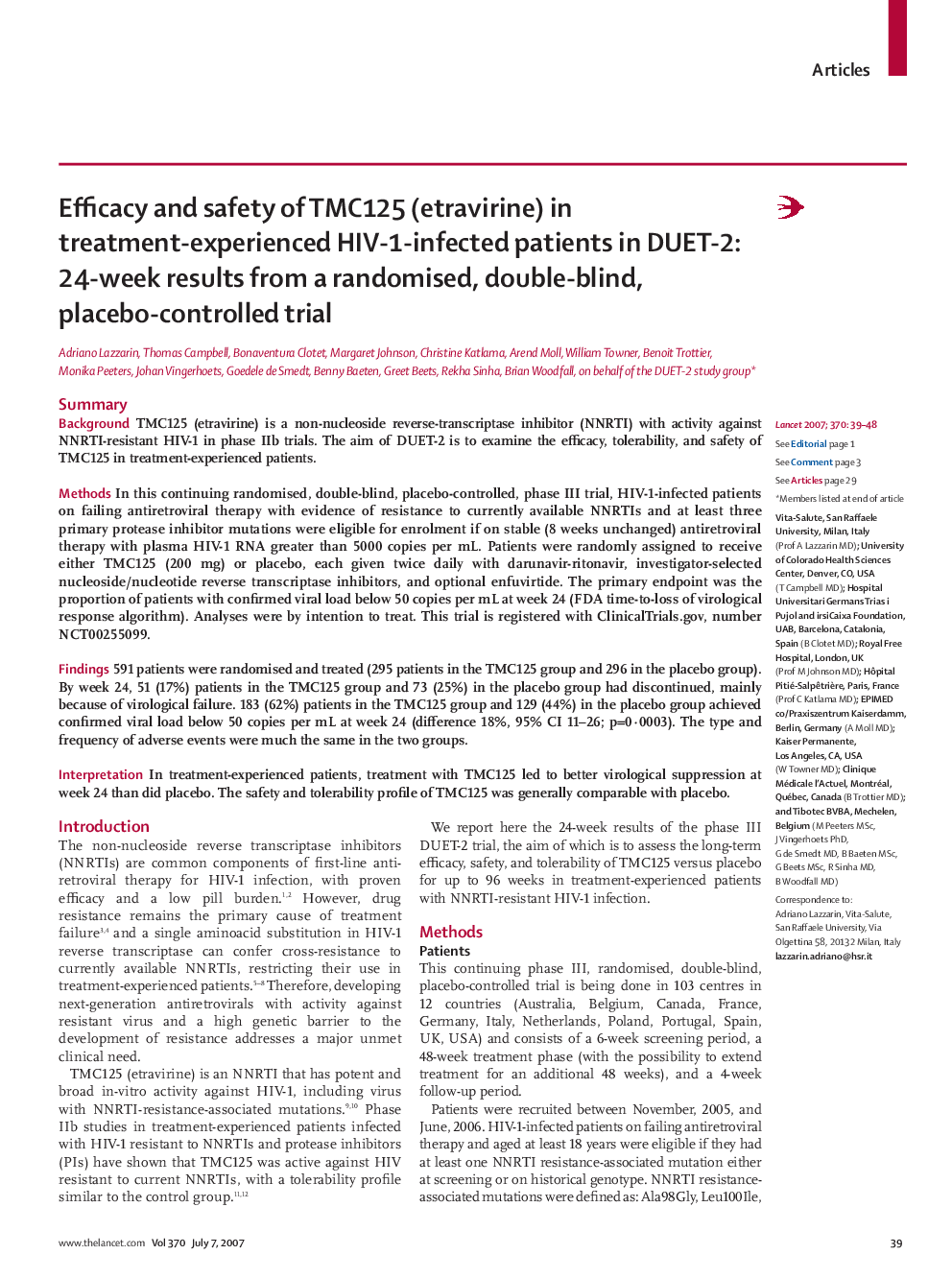 Efficacy and safety of TMC125 (etravirine) in treatment-experienced HIV-1-infected patients in DUET-2: 24-week results from a randomised, double-blind, placebo-controlled trial