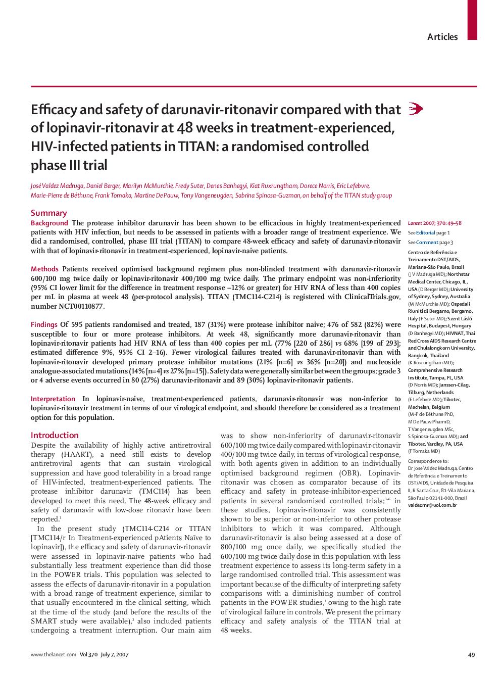 Efficacy and safety of darunavir-ritonavir compared with that of lopinavir-ritonavir at 48 weeks in treatment-experienced, HIV-infected patients in TITAN: a randomised controlled phase III trial