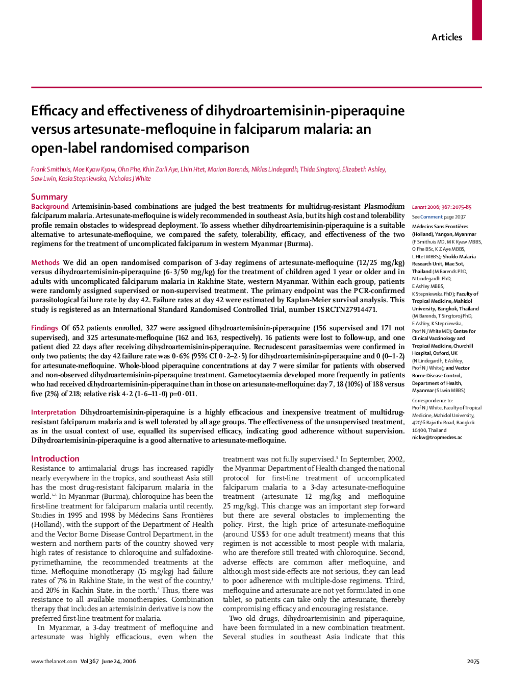 Efficacy and effectiveness of dihydroartemisinin-piperaquine versus artesunate-mefloquine in falciparum malaria: an open-label randomised comparison