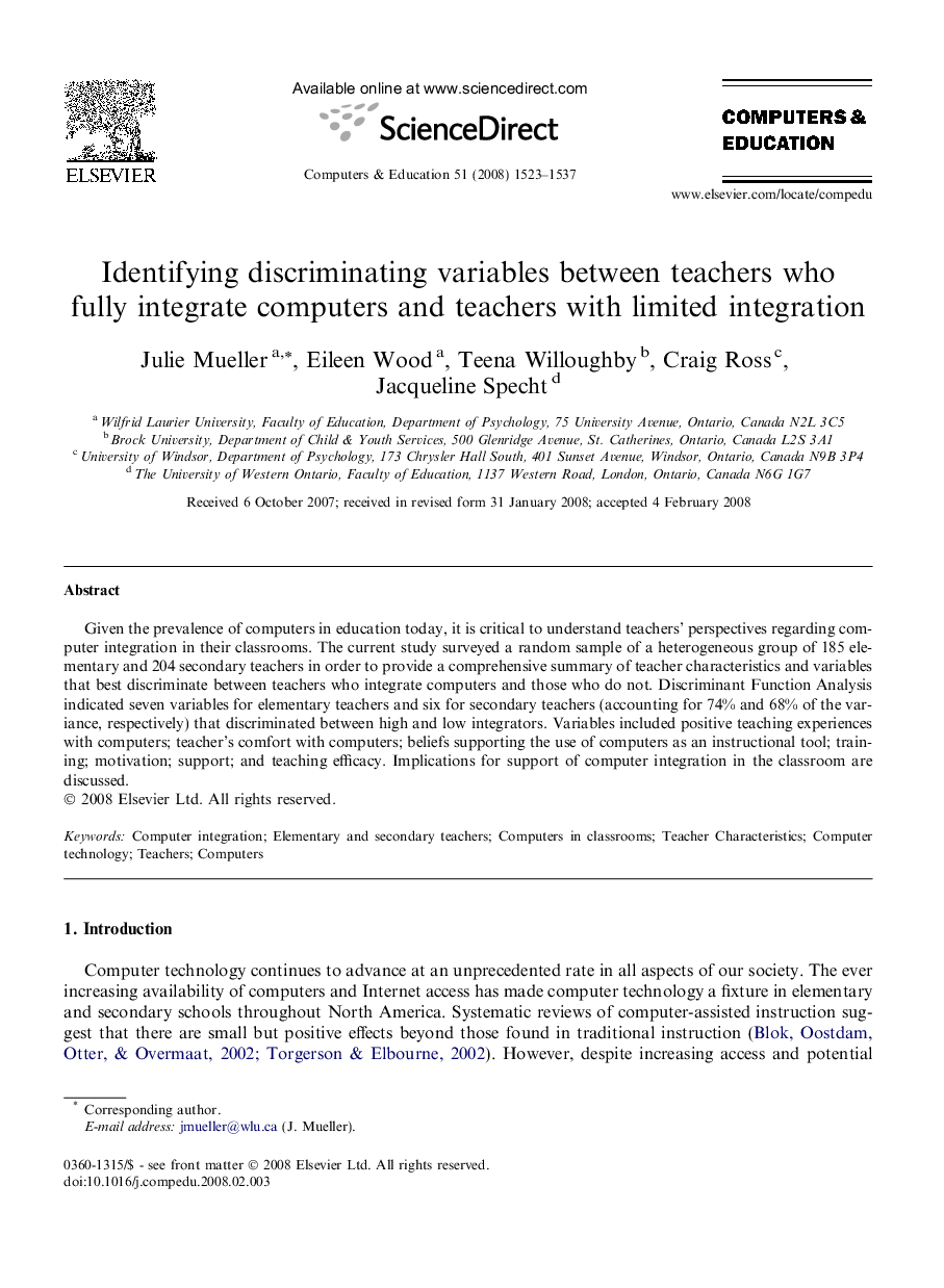 Identifying discriminating variables between teachers who fully integrate computers and teachers with limited integration