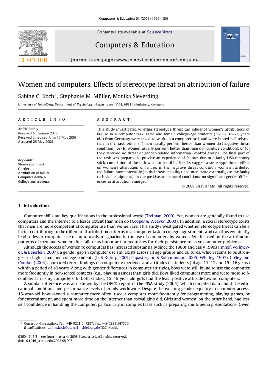 Women and computers. Effects of stereotype threat on attribution of failure