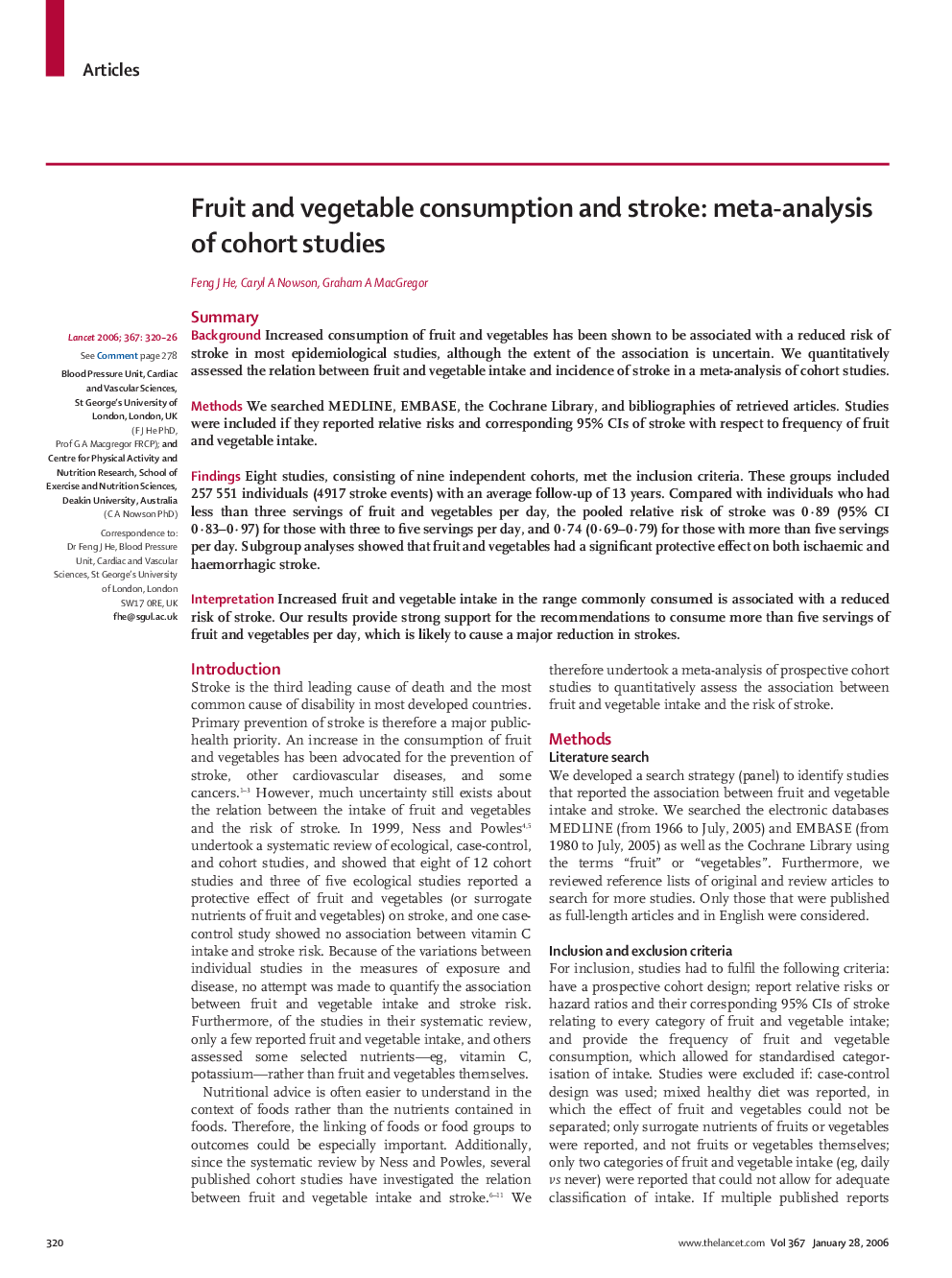 Fruit and vegetable consumption and stroke: meta-analysis of cohort studies