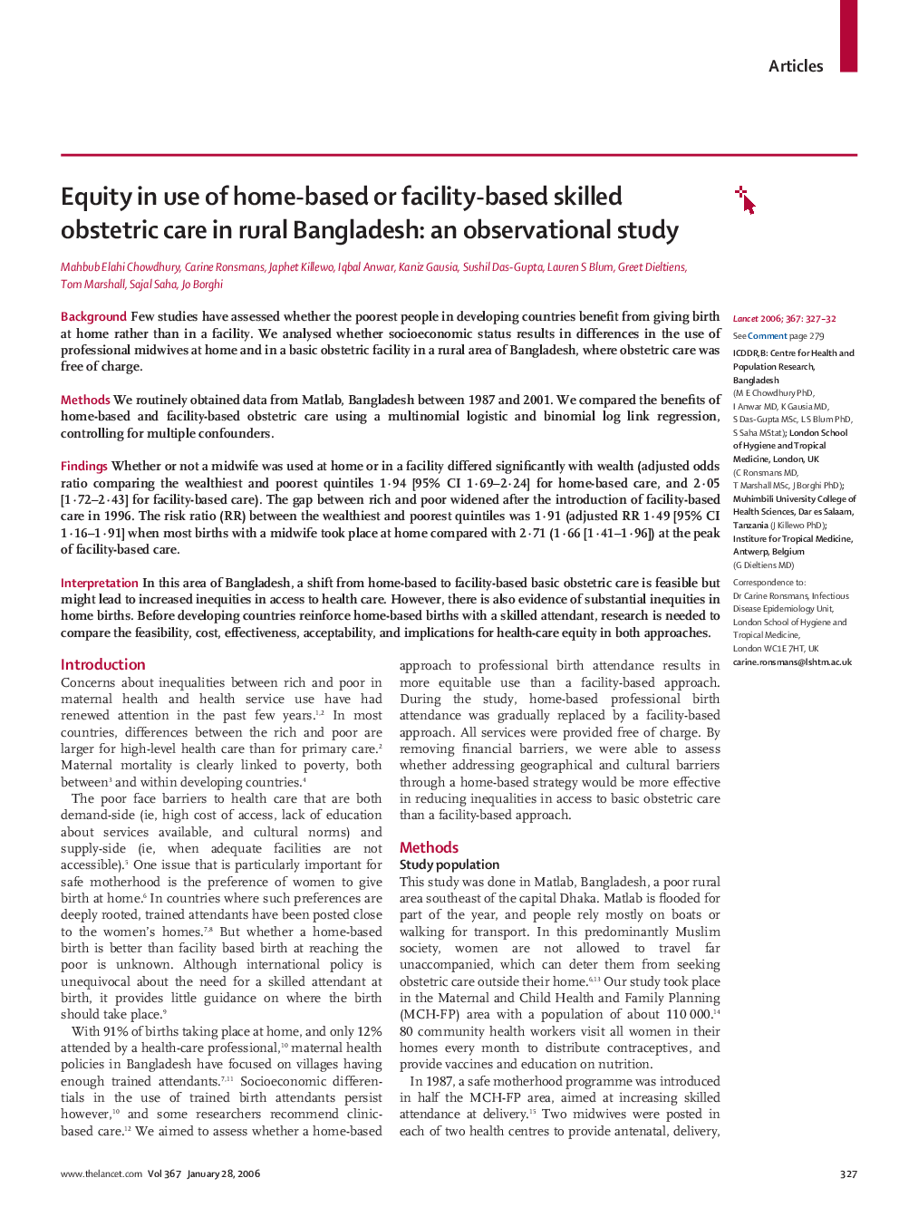 Equity in use of home-based or facility-based skilled obstetric care in rural Bangladesh: an observational study