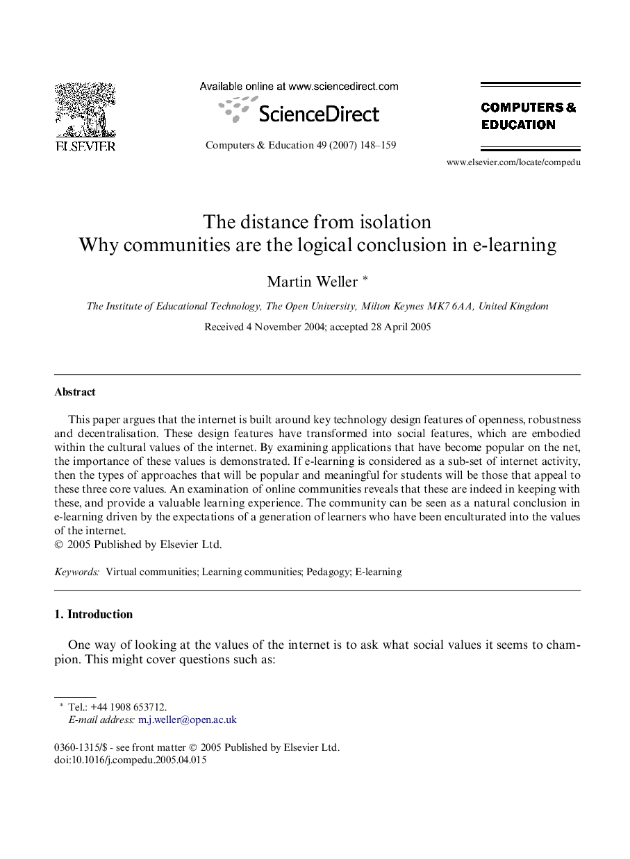 The distance from isolation: Why communities are the logical conclusion in e-learning