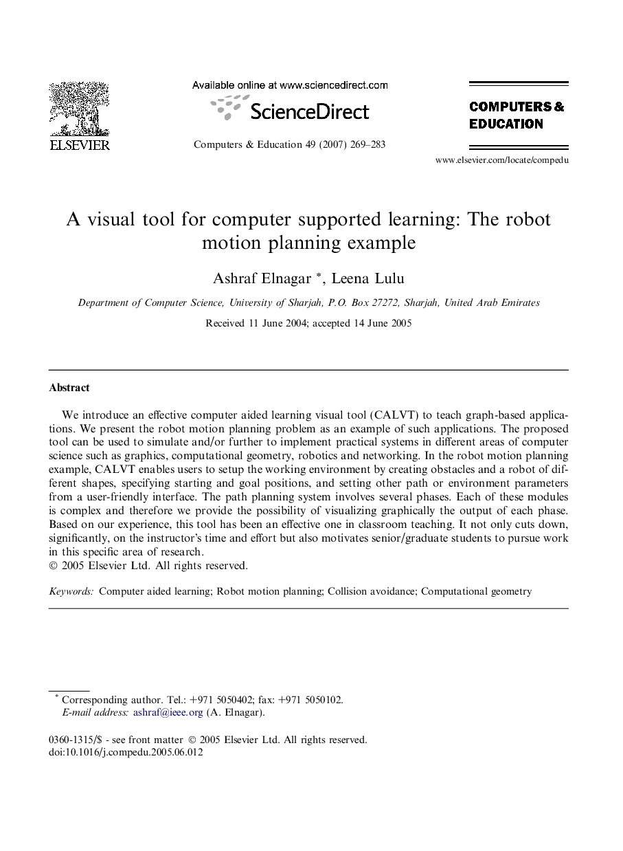 A visual tool for computer supported learning: The robot motion planning example