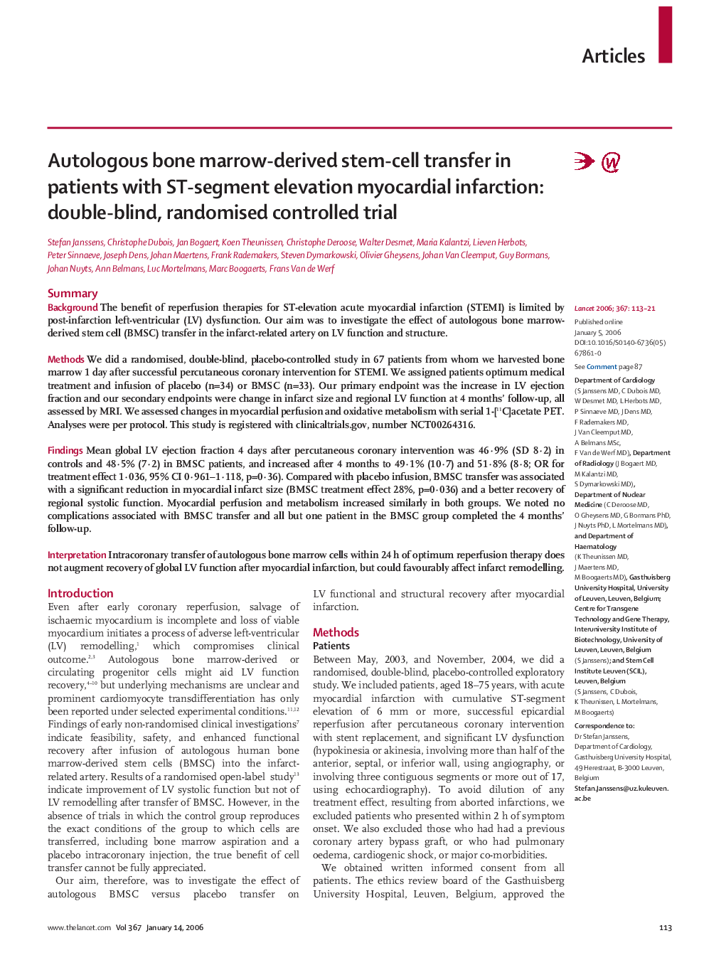 Autologous bone marrow-derived stem-cell transfer in patients with ST-segment elevation myocardial infarction: double-blind, randomised controlled trial