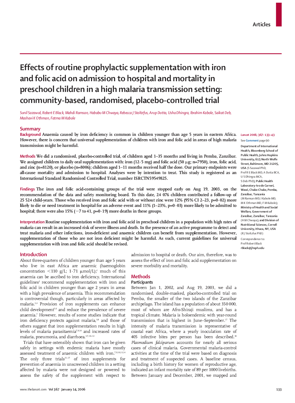 Effects of routine prophylactic supplementation with iron and folic acid on admission to hospital and mortality in preschool children in a high malaria transmission setting: community-based, randomised, placebo-controlled trial